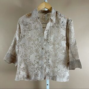 Vintage Notations Medium Gauze Floral Linen Blend Top Minimalist Boho Artsy